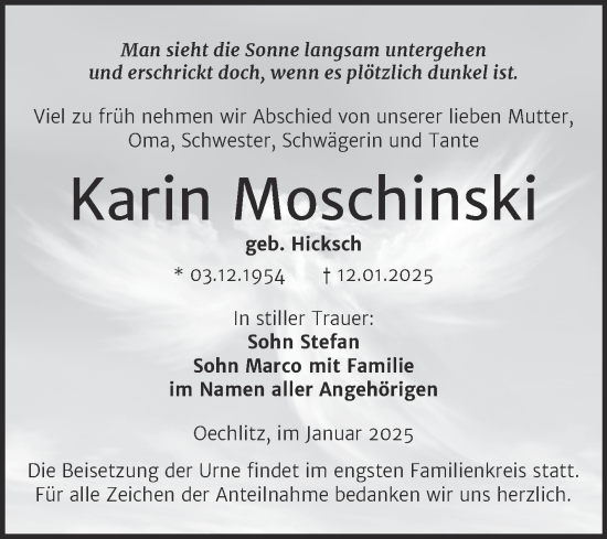 Traueranzeige von Karin Moschinski von Trauerkombi Merseburg