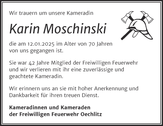 Traueranzeige von Karin Moschinski von Trauerkombi Merseburg