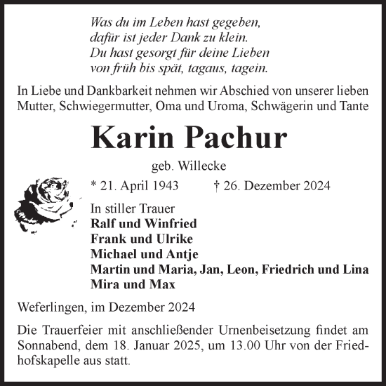 Traueranzeige von Karin Pachur von Volksstimme Haldensleben/Wolmirstedt
