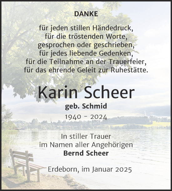 Traueranzeige von Karin Scheer von Trauerkombi Mansfelder Land