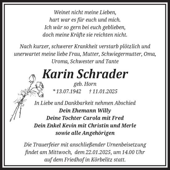 Traueranzeige von Karin Schrader von Volksstimme Burg/Genthin