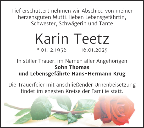 Traueranzeige von Karin Teetz von Trauerkombi Bernburg