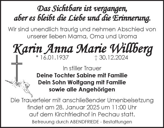 Traueranzeige von Karin Anna Marie Willberg von Volksstimme Magdeburg