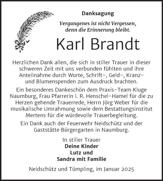 Traueranzeige von Karl Brandt von Super Sonntag Naumburg/Nebra
