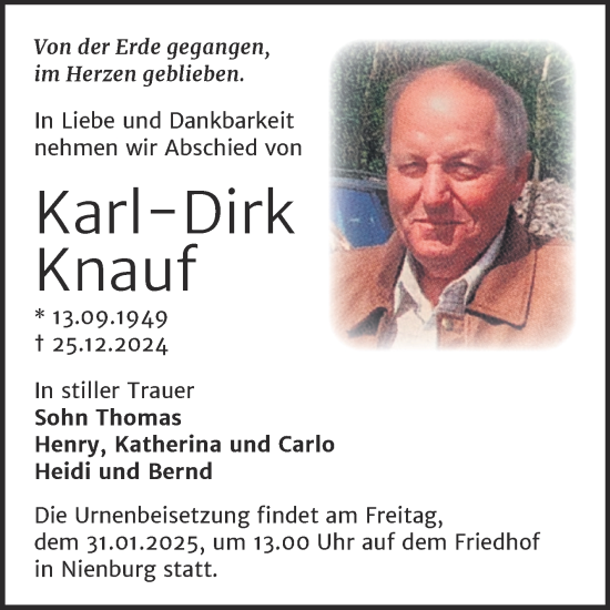 Traueranzeige von Karl-Dirk Knauf von Trauerkombi Bernburg