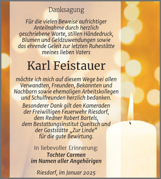 Traueranzeige von Karl Feistauer von Trauerkombi Köthen