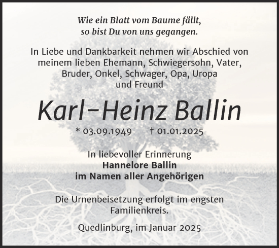 Traueranzeige von Karl-Heinz Ballin von Trauerkombi Quedlinburg