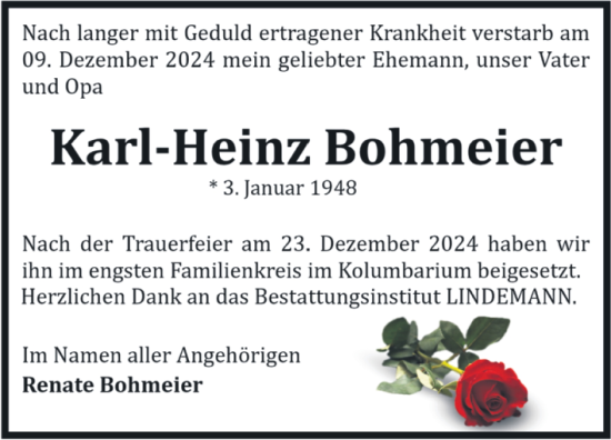 Traueranzeige von Karl-Heinz Bohmeier von Volksstimme Halberstadt