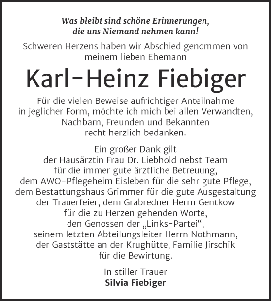 Traueranzeige von Karl-Heinz Fiebiger von Trauerkombi Mansfelder Land
