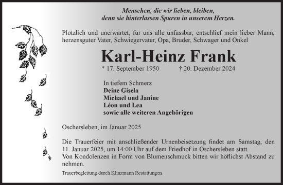 Traueranzeige von Karl-Heinz Frank von Volksstimme Oschersleben/Wanzleben