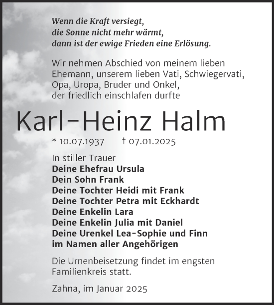 Traueranzeige von Karl-Heinz Halm von Trauerkombi Wittenberg