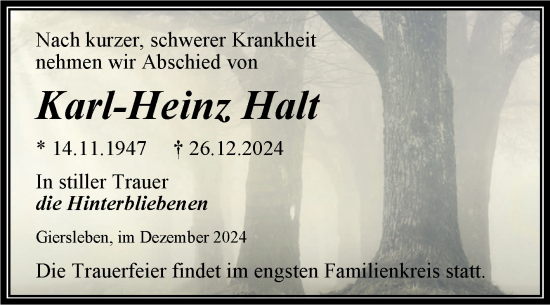 Traueranzeige von Karl-Heinz Halt von Trauerkombi Aschersleben
