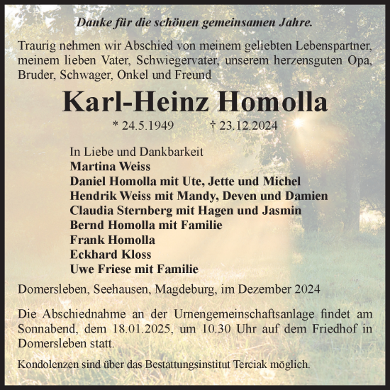 Traueranzeige von Karl-Heinz Homolla von Volksstimme Oschersleben/Wanzleben