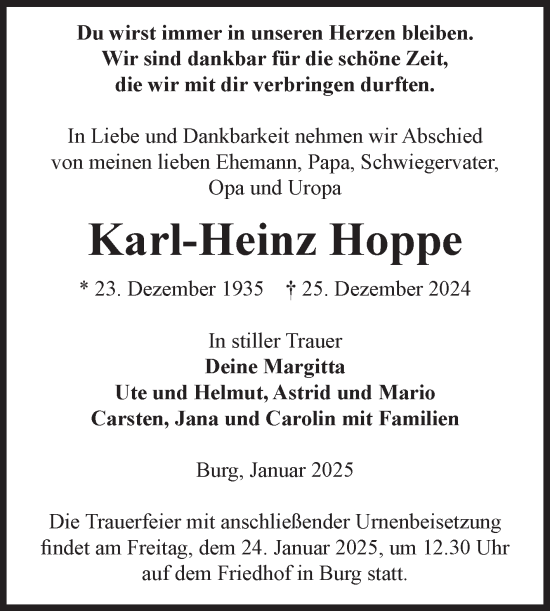 Traueranzeige von Karl-Heinz Hoppe von Volksstimme Burg/Genthin