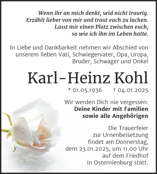 Traueranzeige von Karl-Heinz Kohl von Trauerkombi Köthen