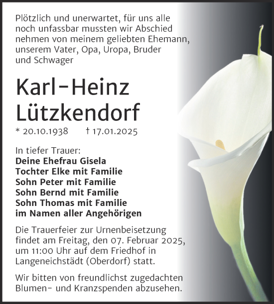 Traueranzeige von Karl-Heinz Lützkendorf von Trauerkombi Merseburg