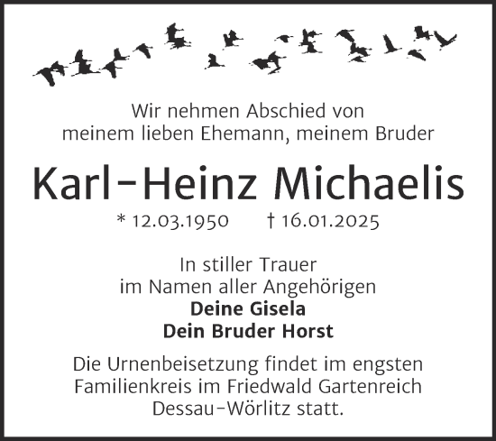 Traueranzeige von Karl-Heinz Michaelis von Trauerkombi Wittenberg