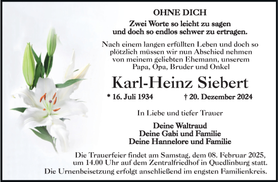 Traueranzeige von Karl-Heinz Siebert von Trauerkombi Quedlinburg