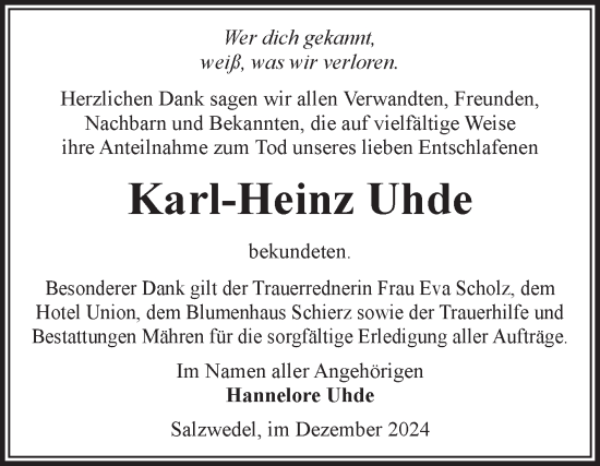 Traueranzeige von Karl-Heinz Uhde von Volksstimme Altmark West