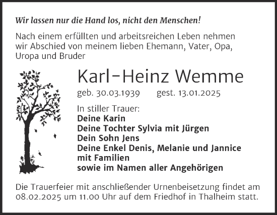 Traueranzeige von Karl-Heinz Wemme von Trauerkombi Bitterfeld