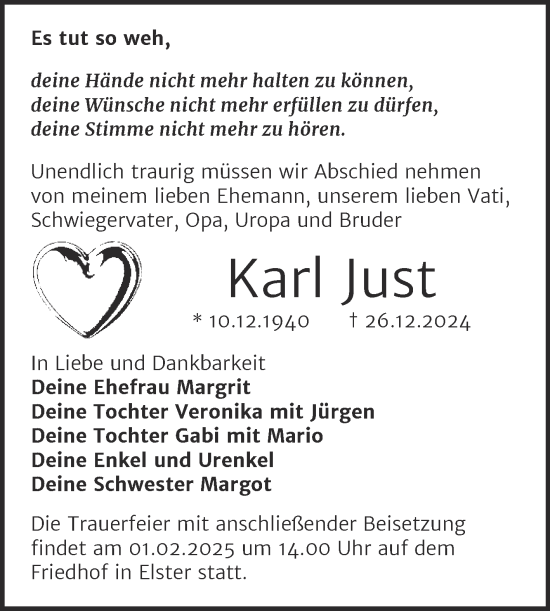 Traueranzeige von Karl Just von Trauerkombi Wittenberg