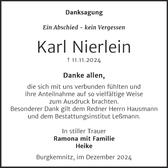Traueranzeige von Karl Nierlein von Trauerkombi Bitterfeld