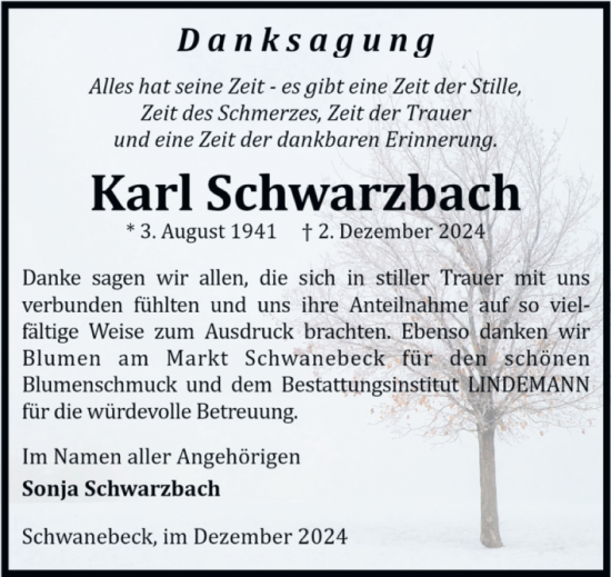 Traueranzeige von Karl Schwarzbach von Volksstimme Halberstadt
