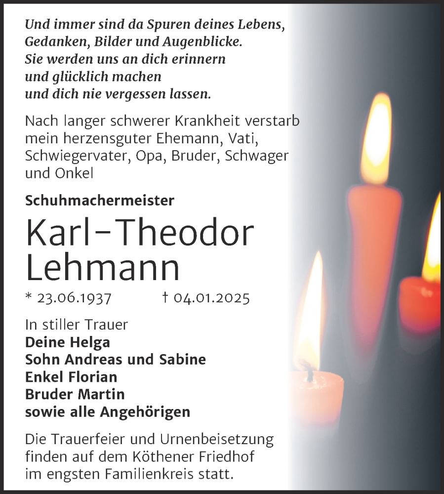  Traueranzeige für Karl-Theodor Lehmann vom 16.01.2025 aus Trauerkombi Köthen