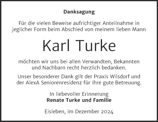 Traueranzeige von Karl Turke von Trauerkombi Mansfelder Land