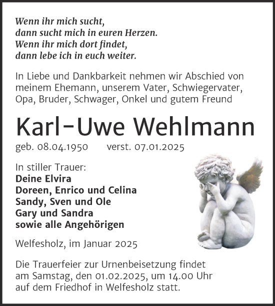 Traueranzeige von Karl-Uwe Wehlmann von Trauerkombi Mansfelder Land