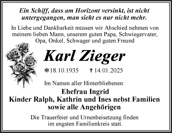 Traueranzeige von Karl Zieger von Trauerkombi Dessau