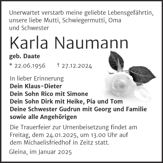 Traueranzeige von Karla Naumann von Trauerkombi Zeitz
