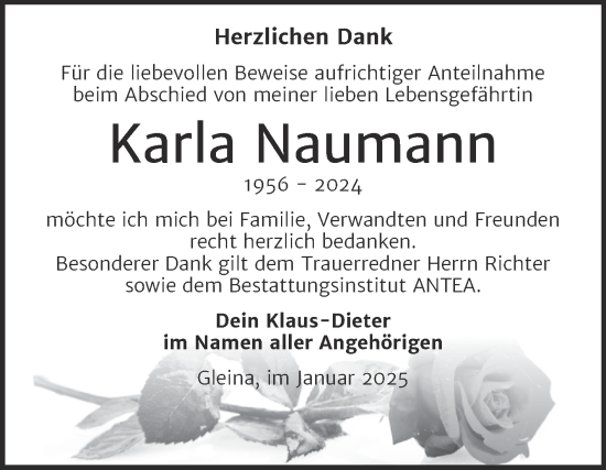 Traueranzeige von Karla Naumann von Trauerkombi Zeitz