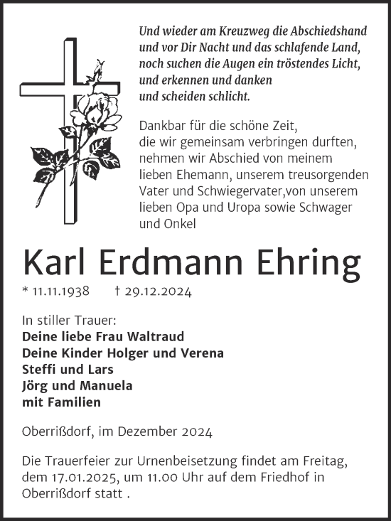 Traueranzeige von Karl Erdmann Ehring von Trauerkombi Mansfelder Land