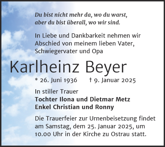 Traueranzeige von Karlheinz Beyer von Trauerkombi Zeitz