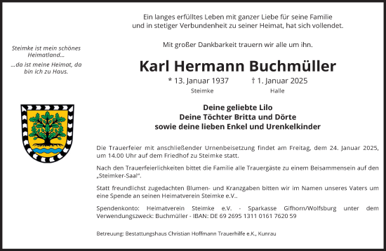 Traueranzeige von Karl Hermann Buchmüller von Volksstimme Altmark West
