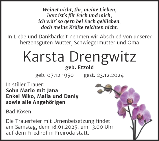 Traueranzeige von Karsta Drengwitz von Super Sonntag Naumburg/Nebra