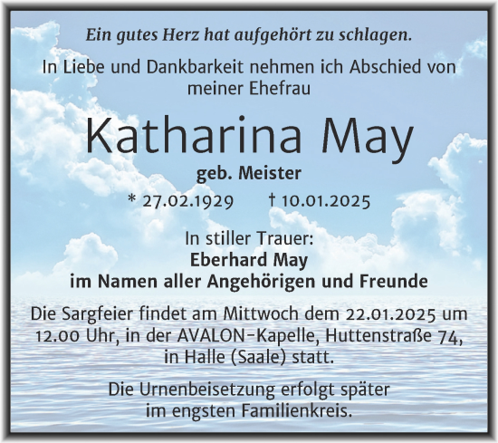 Traueranzeige von Katharina May von Mitteldeutsche Zeitung Halle/Saalkreis