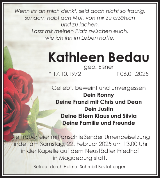 Traueranzeige von Kathleen Bedau von Volksstimme Magdeburg