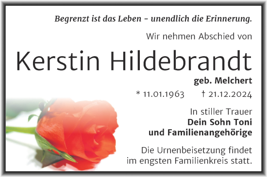 Traueranzeige von Kerstin Hildebrandt von Trauerkombi Merseburg