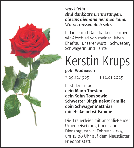 Traueranzeige von Kerstin Krups von Mitteldeutsche Zeitung Halle/Saalkreis