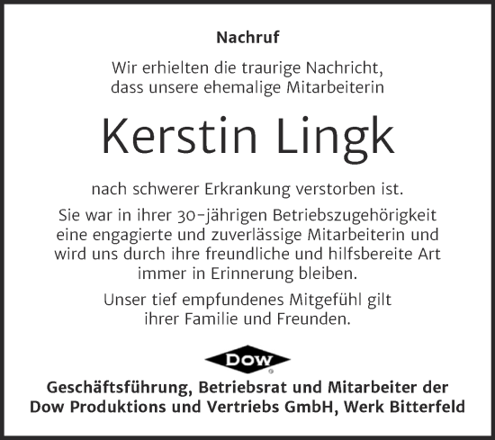 Traueranzeige von Kerstin Lingk von Mitteldeutsche Zeitung Bitterfeld