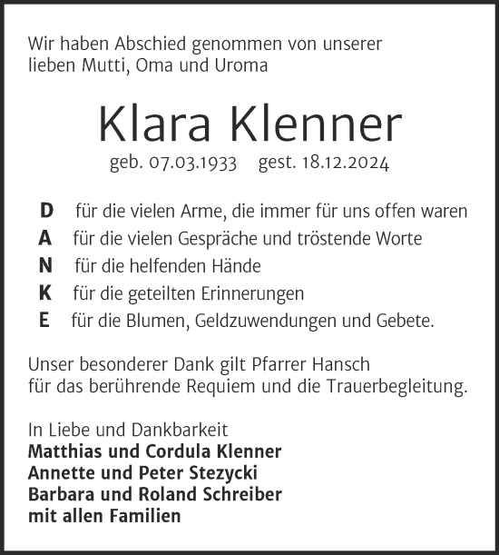 Traueranzeige von Klara Klenner von Trauerkombi Mansfelder Land