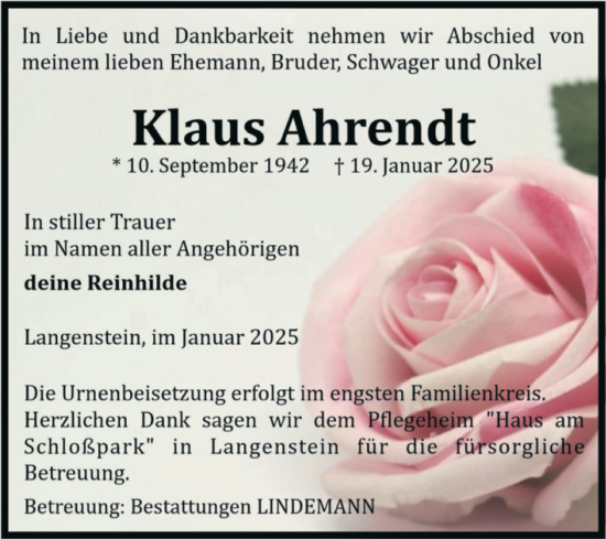 Traueranzeige von Klaus Ahrendt von Volksstimme Halberstadt
