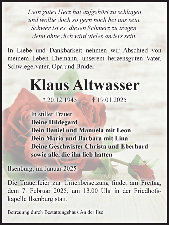 Traueranzeige von Klaus Altwasser von Volksstimme Wernigerode