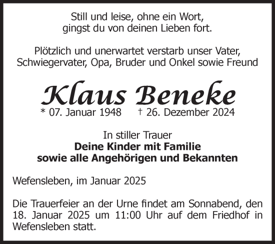 Traueranzeige von Klaus Beneke von Volksstimme Oschersleben/Wanzleben