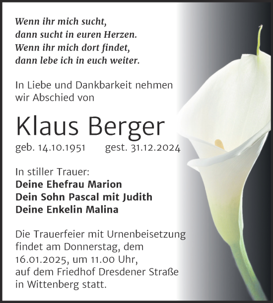 Traueranzeige von Klaus Berger von Trauerkombi Wittenberg