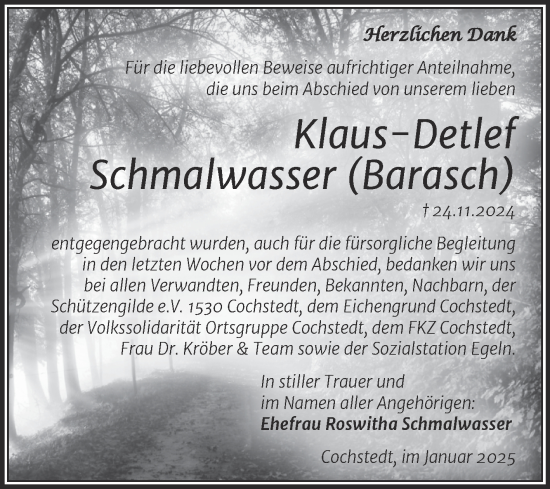 Traueranzeige von Klaus-Detlef Schmalwasser von Trauerkombi Aschersleben