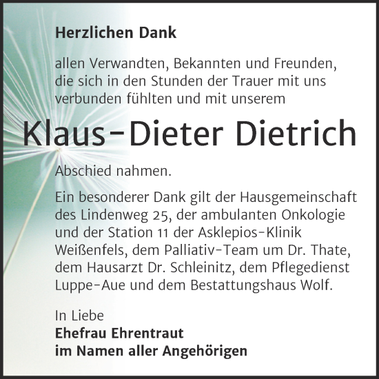 Traueranzeige von Klaus-Dieter Dietrich von Trauerkombi Weißenfels