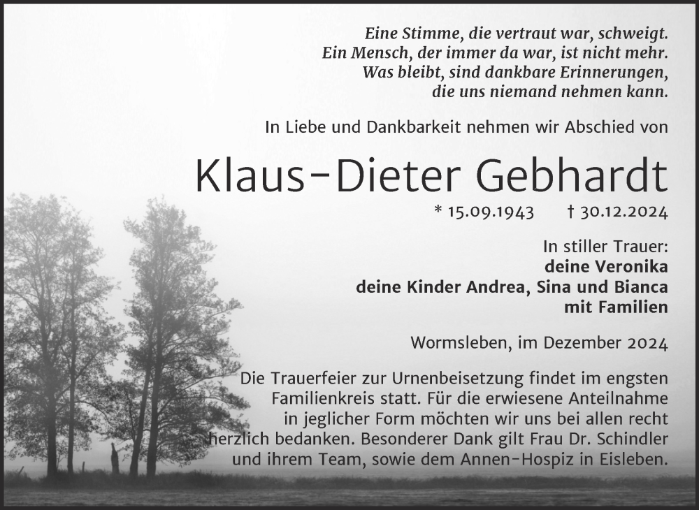 Traueranzeige für Klaus-Dieter Gebhardt vom 11.01.2025 aus Trauerkombi Mansfelder Land